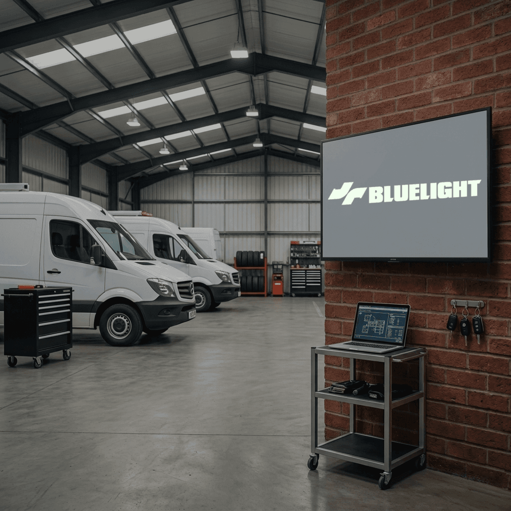 Bluelight in a workshop with service vans